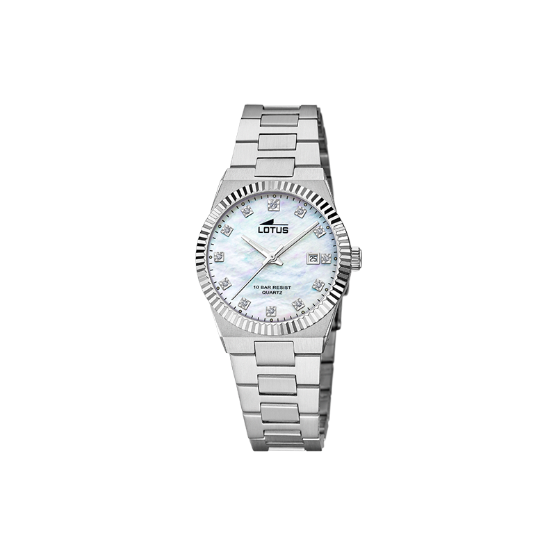 Reloj LOTUS  de señora con caja y pulsera de acero, smergible 10 atm, esfera blanca tipo nacar
